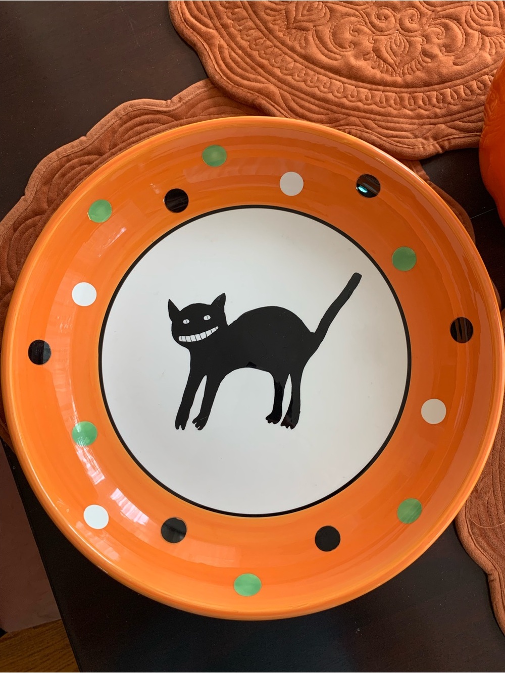 Tag Orange Ceramic Bowl with Black Cat Motif and Polka Dots
